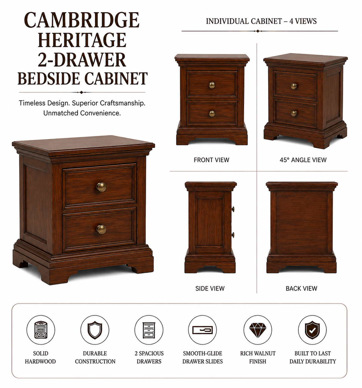 Cambridge Heritage 2-Drawer Bedside Cabinet - Image 5